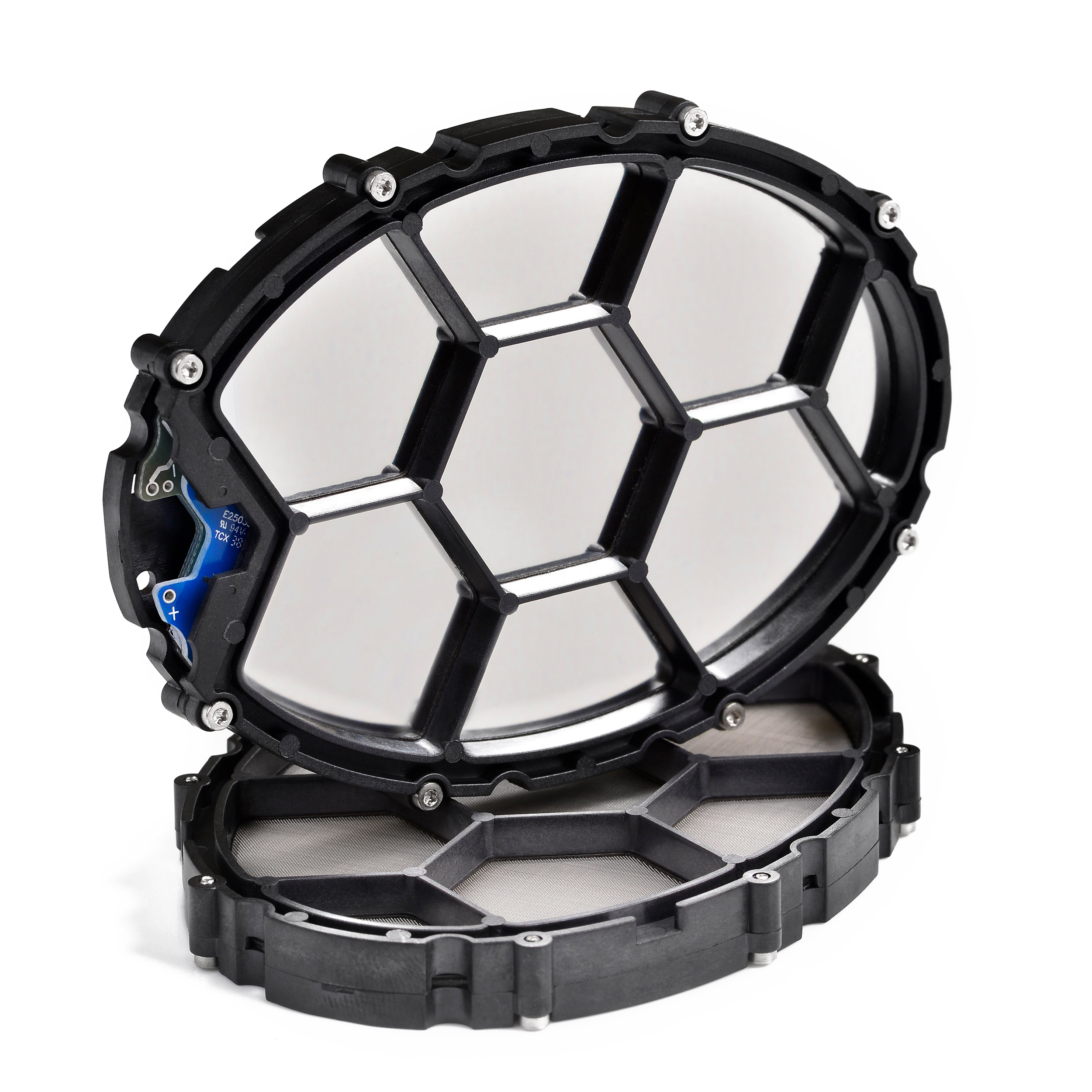 The HPEL Transducer has an oval shaped frame with a honeycomb infrastructure